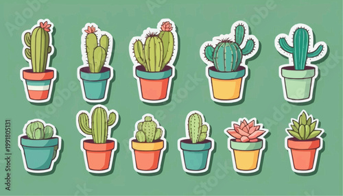 Set of cartoon cactus vector in pot, sticker with outline element.



