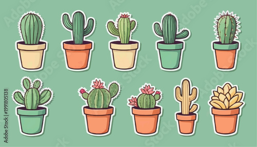 Set of cartoon cactus vector in pot, sticker with outline element.



