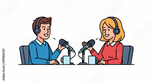 Two happy podcasters recording an episode.