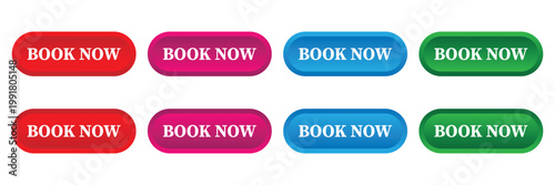 Set of shiny book now web buttons with different colors and gradient styles in red, pink, blue, and green for online reservation.