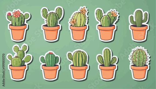 Set of cartoon cactus vector in pot, sticker with outline element.



