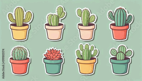 Set of cartoon cactus vector in pot, sticker with outline element.



