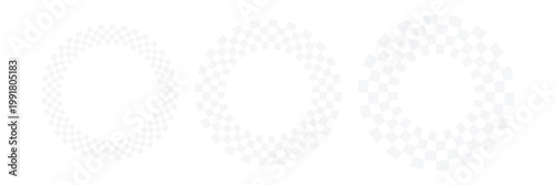 Collection of circular light gray and white checkered racing flag frames, round sports border design.