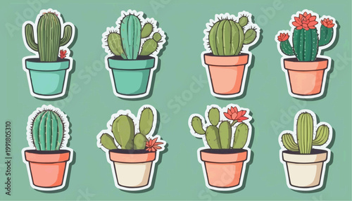 Set of cartoon cactus vector in pot, sticker with outline element.



