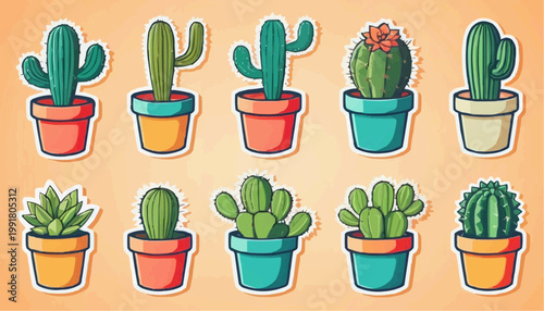 Set of cartoon cactus vector in pot, sticker with outline element.



