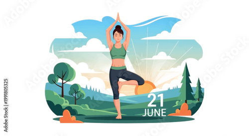 Yoga, woman in tree pose, outdoor landscape, summer solstice, fitness illustration