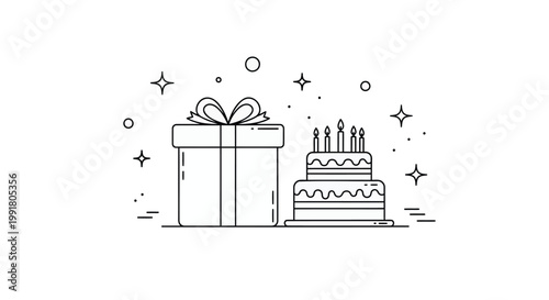Birthday celebration icons, gift box and cake, line art style, minimalistic design, vector graphics