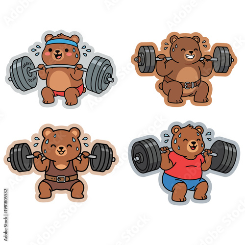 Cute Bear Weightlifting Illustration Set: Funny Wild Animal Gym Mascot Lifting Barbell Vectors