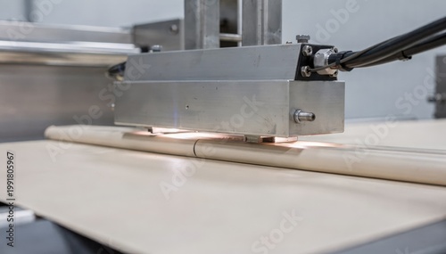 Detailed view of a beta radiation sensor measuring dry coat weight on a conveyor belt highlighting precise control during manufacturing processes.