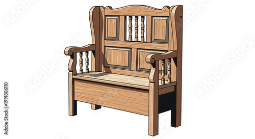Antique wooden bench with storage, country style furniture illustration
