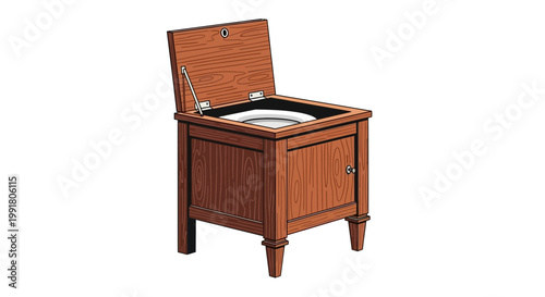 Antique wooden commode chair with open lid, isolated on white background.