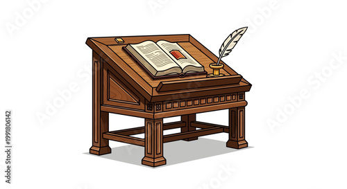 Antique wooden writing desk with open book, quill pen and inkwell, isolated on white