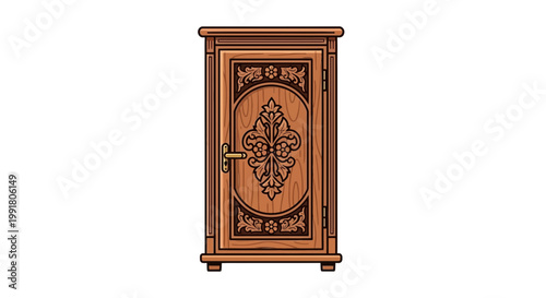 Antique wooden cabinet with ornate carving and brass handle