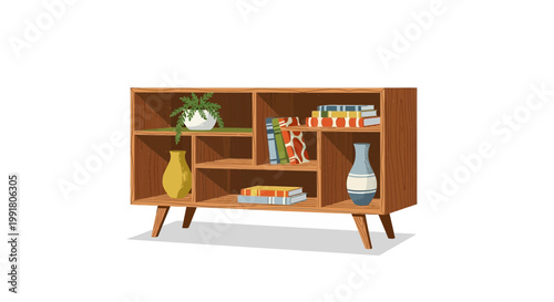 Mid-century modern wooden bookshelf with books and vases