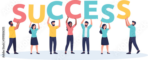 Teamwork lifts the word success symbolizing achievement and collaboration