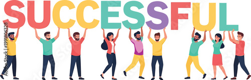 Teamwork and achievement people holding letters spelling successful