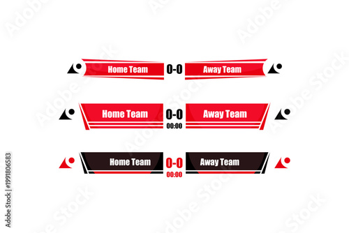 Red and black sports scoreboard broadcast bars, digital score interface for football and esports live streaming