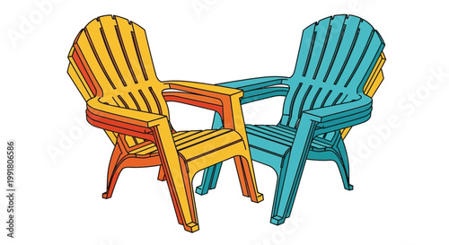 Two colorful Adirondack chairs facing each other, isolated on white background