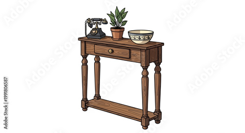 Vintage console table with antique phone, potted plant, and decorative bowl.
