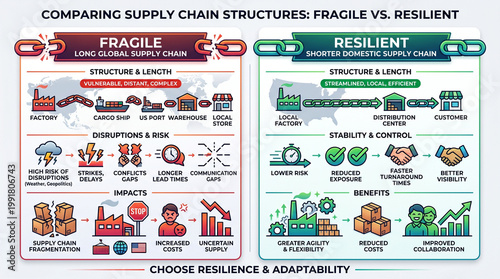 Infographic Comparing Fragile Long Global Supply Chain vs Resilient Shorter Domestic Supply Chain — Risks, Disruptions and Benefits