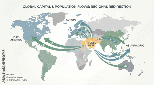 World Map Infographic Showing Global Capital and Population Flows from Middle East to North America, Europe and Asia-Pacific