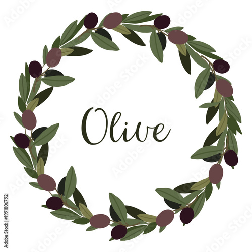 Elegant circular olive branch wreath with "Olive" text. Hand-drawn Mediterranean vector illustration for wedding invitations, labels, or organic food branding