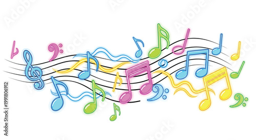 Colorful music notes, musical symbols, vector icons, melody elements, audio graphics