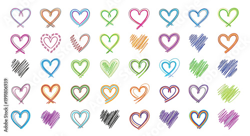 Colorful heart icons, hand drawn hearts, love symbols, vector illustrations, colorful graphics