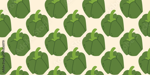 Seamless pattern of green bell peppers on a neutral background. Earthy vegetable print ideal for eco-friendly packaging, kitchen aprons, or food blog headers