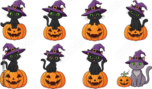 Vector Set of Halloween Cats with Pumpkins and Witch Hats for Spooky, Holiday, and Fun Designs