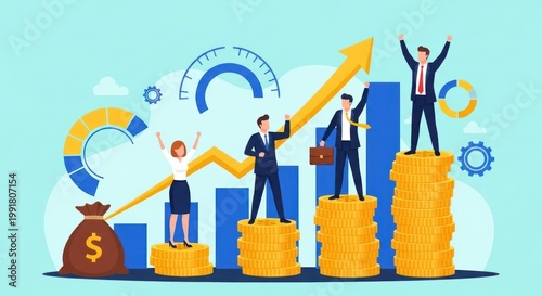 Businessmen celebrating financial success on stacked coins with graphs