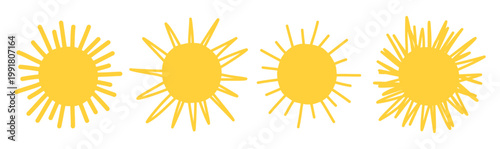 Collection of four different hand-drawn sun icons in various artistic styles. Summer symbols for weather apps, children's illustrations, or sunny day graphics