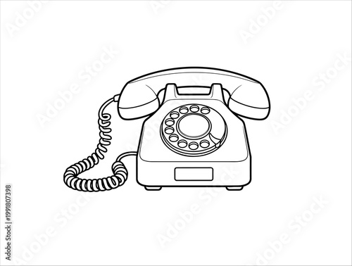 Konstfotografi Minimal black‑and‑white line drawing of a classic rotary dial telephone, retro c