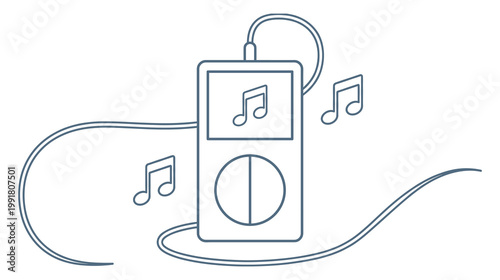 Line art illustration of digital music player with floating notes.