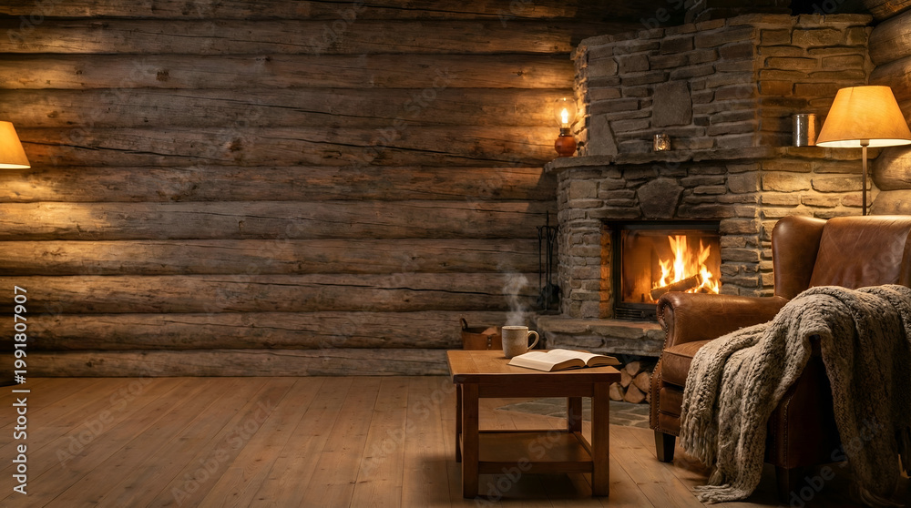 Fototapeta premium Cozy rustic cabin interior with crackling fireplace, leather armchair with blanket, and steaming cup on wooden table. Warm atmospheric lighting in a log house evening setting