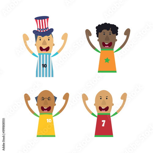 Happy football fans set. Vector illustration of diverse soccer supporters in national team jerseys celebrating goal