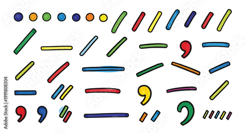 Punctuation marks, colorful icons, quotation symbols, editorial elements, vector graphics