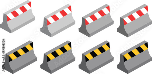Isometric concrete road barrier vector set with red white and yellow black warning stripes for construction site safety design projects