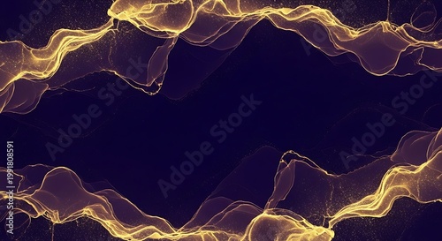 Glowing golden lines on dark blue background, abstract wave pattern glowing lines