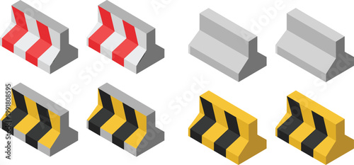 Isometric concrete road barrier vector set with red white and yellow black warning stripes for construction site safety design projects