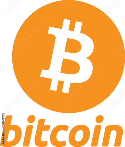 Bitcoin cryptocurrency logo vector illustration with orange coin icon and text for digital finance and blockchain technology financial business projects