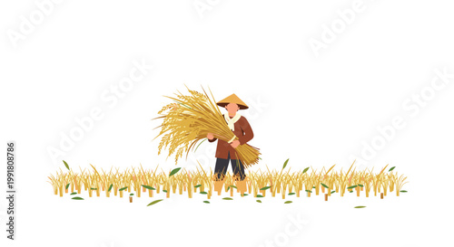 Hardworking farmer wearing a traditional conical hat carries a massive bundle of golden harvested rice stalks across a minimalist field of yellow grain.