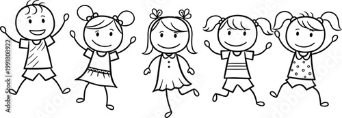 Hand drawn vector illustration of happy stick figure children jumping and playing together for school nursery coloring book and childhood.