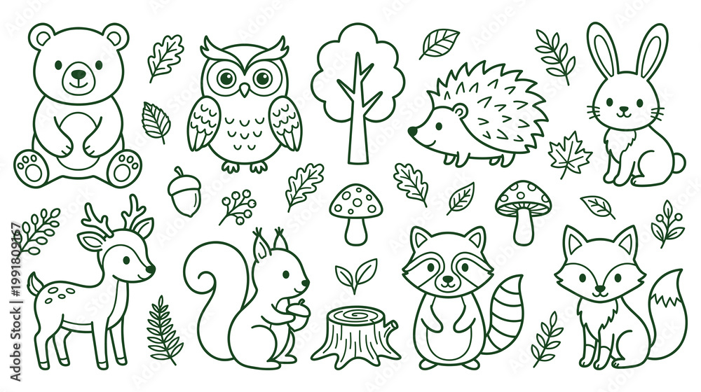 Obraz premium Woodland animal coloring page set with bear deer owl and forest life.