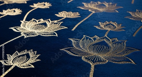 Gold embroidered lotus flowers on dark blue fabric