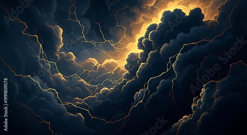 Dark stormy clouds with lightning, illuminated from within dark clouds yellow lightning
