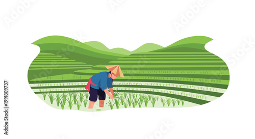 A traditional farmer wearing a conical hat and blue shirt carefully plants green rice seedlings in a vibrant terraced paddy field under bright daylight.