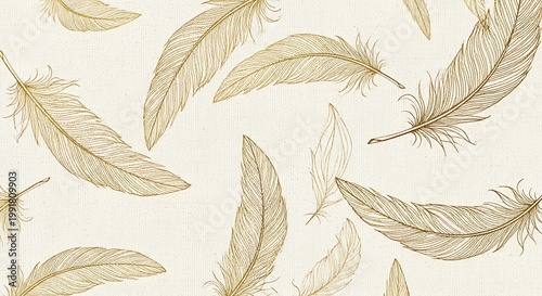 Brown feathers on cream background, floating feathers pattern