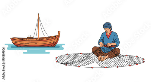 A traditional fisherman wearing a blue tunic and headwrap sits on the ground while meticulously repairing a large circular fishing net near a wooden boat.
