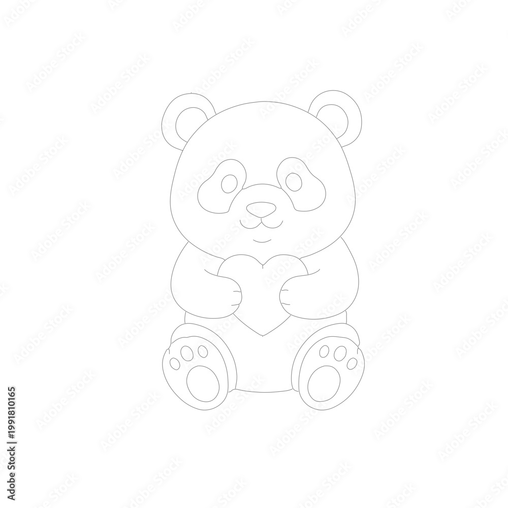 Fototapeta premium Outline of a cute panda holding a heart in a friendly simple cartoon style Vector illustration